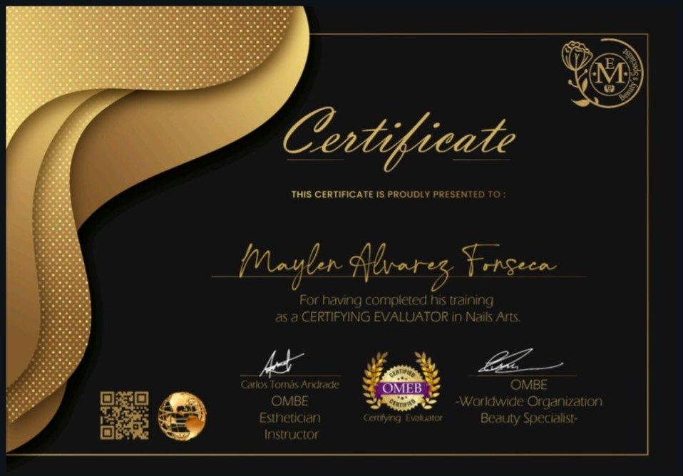 Certificado de Evaluadora Certificadora en Nail Arts, OMBE Worldwide Organization Beauty Specialist