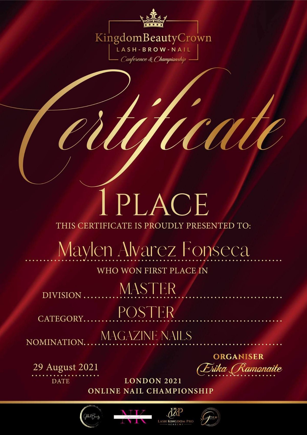 Certificado Kingdom Beauty Crown 2021, 1er lugar División Máster, Poster Magazine Nails