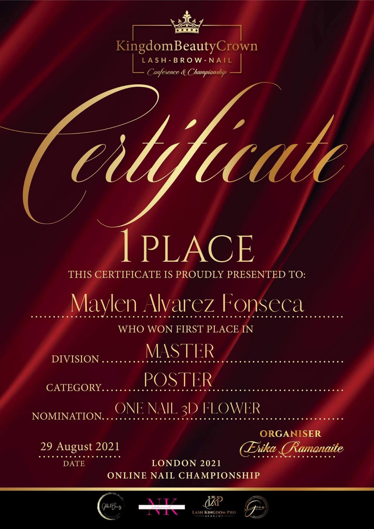 Certificado Kingdom Beauty Crown 2021, 1er lugar División Máster, Poster One Nail 3D Flower