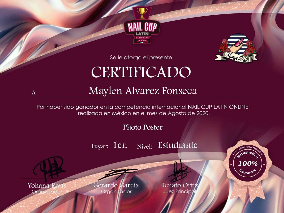 Certificado Nail Cup Latin Online 2020, 1er lugar Photo Poster, nivel Estudiante