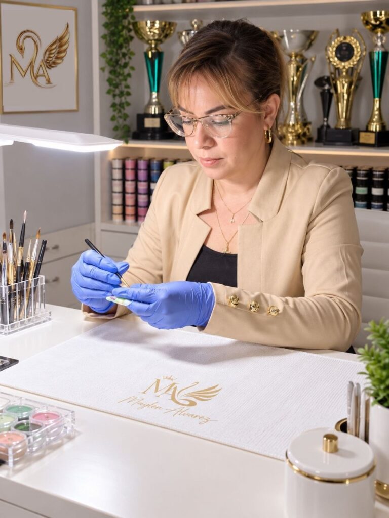Maylen Alvarez trabajando técnica 3D en Evolution Nails Academy